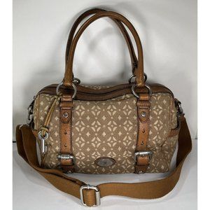 Fossil Brown Patterned Fabric and Leather Satchel Shoulder Bag